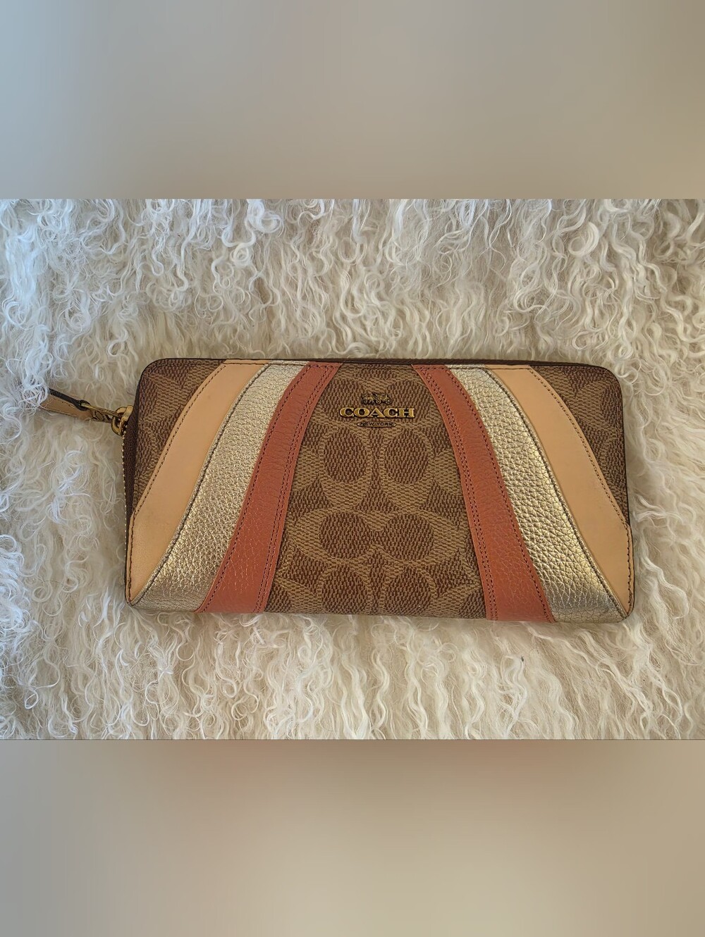 Coach Signature Stripe Continental Wallet - Brown/Gold/Tan